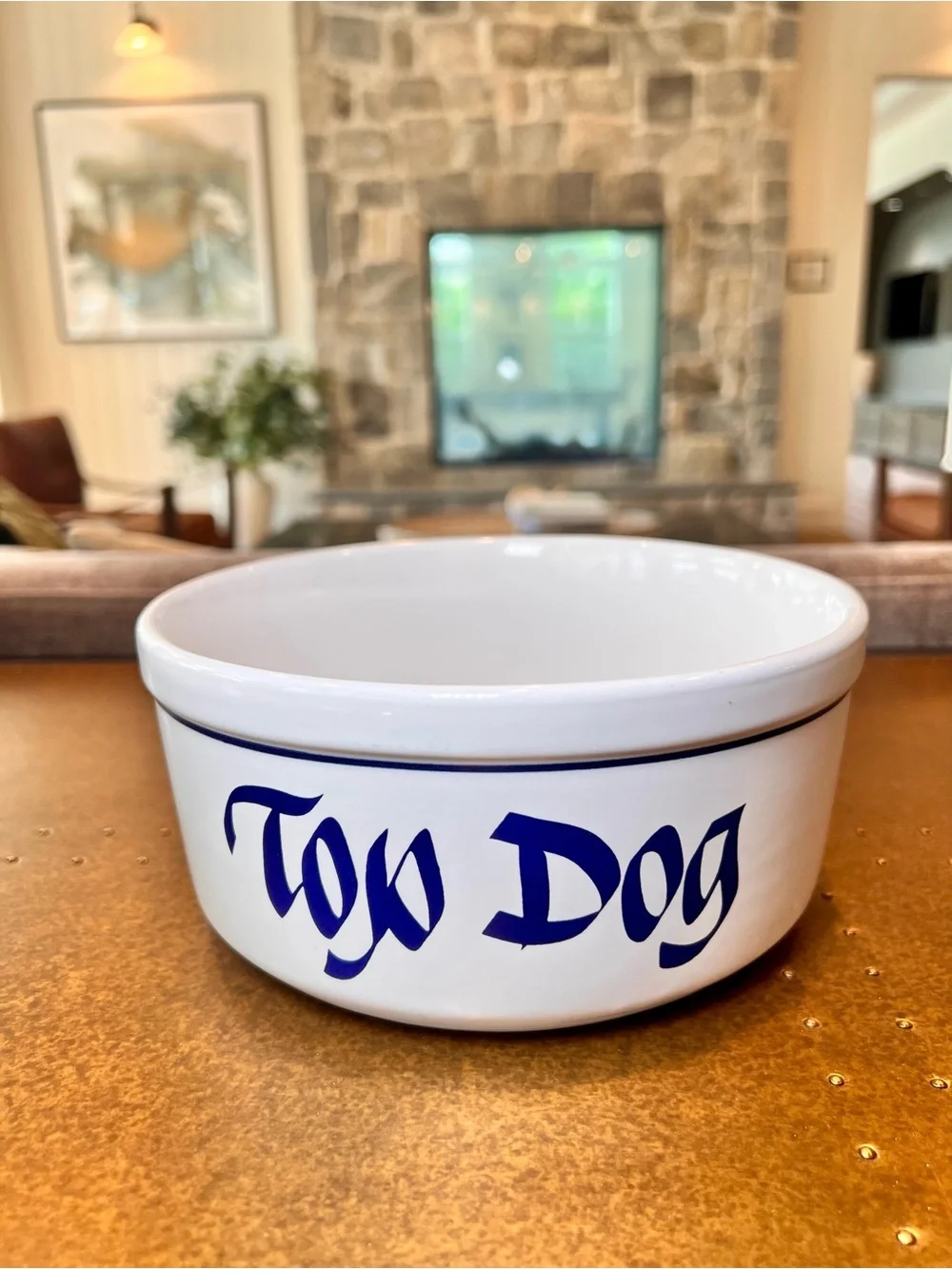 Vintage Clay Design TOP DOG ceramic dog bowl white blue pet food dish